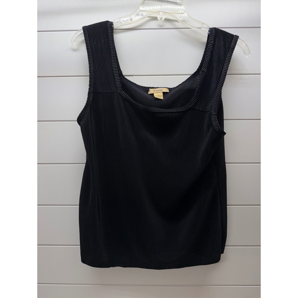 Plisse Womens Black Micro Pleated Square Neck Tank Top Size L Sleeveless Blouse